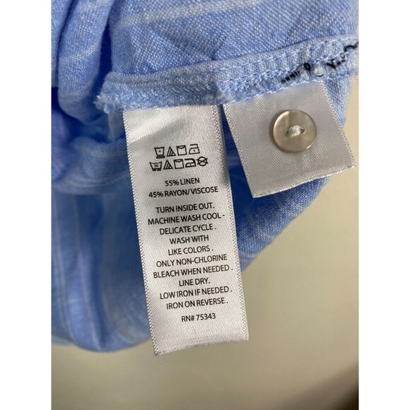 Tahari Linen Blend Blue Striped Button Up Long Sleeve Top Women Large lagenlook - Picture 4 of 14